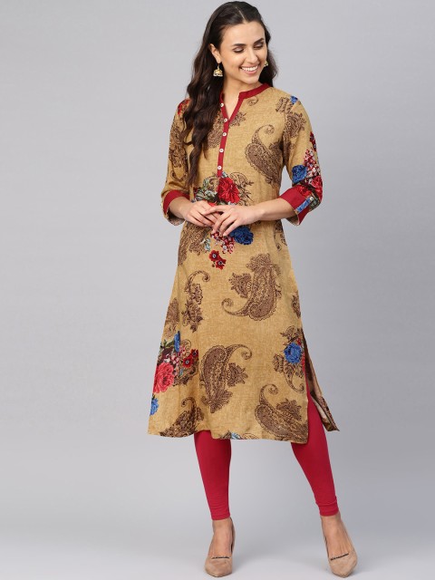 

Shree Women Beige & Maroon Printed Straight Kurta
