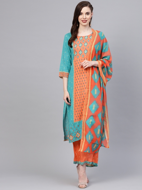 

Shree Women Orange & Blue Printed Kurta with Palazzos & Dupatta