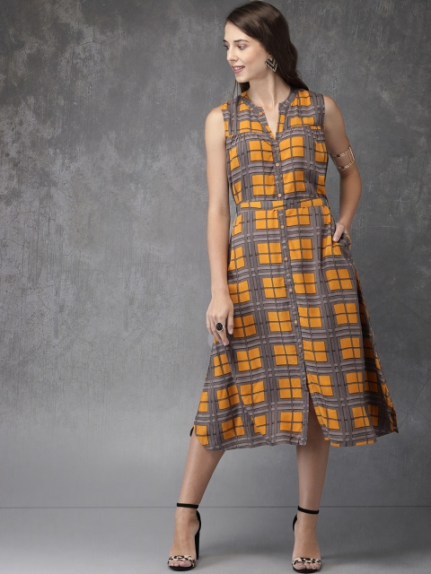 

Anouk Women Charcoal Grey & Mustard Yellow Checked A-Line Kurta