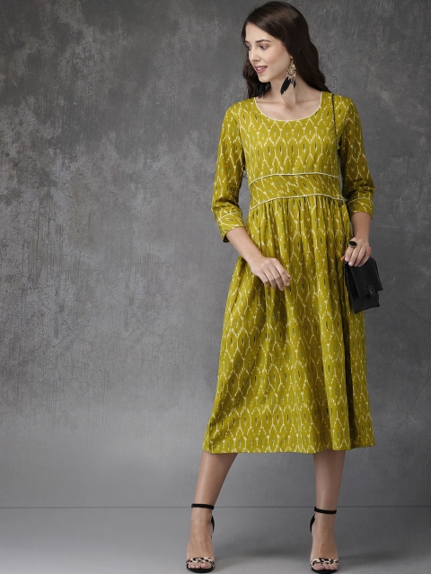 

Anouk Women Olive Green Printed A-Line Kurta