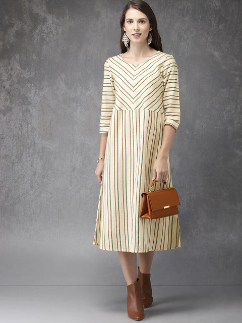 

Anouk Women Off-White & Green Striped A-Line Kurta