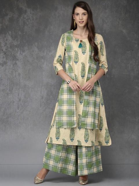 

Anouk Women Green & Beige Printed Kurta with Palazzos & Ethnic Jacket