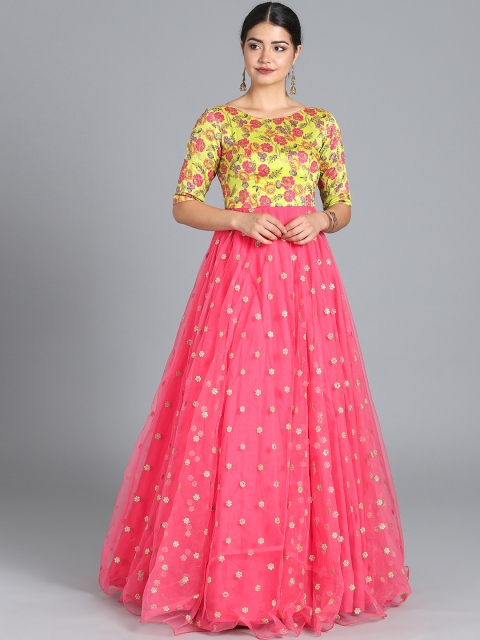 

Bollywood Vogue Women Pink & Green Made to Measure Embellished Maxi Gown