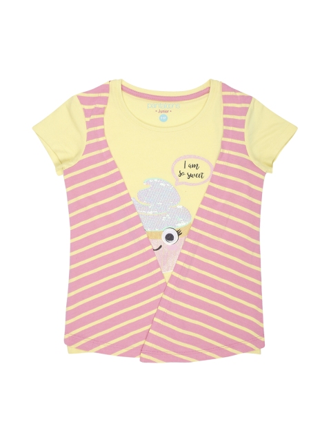 

Pantaloons Junior Girls Yellow Striped Round Neck T-shirt