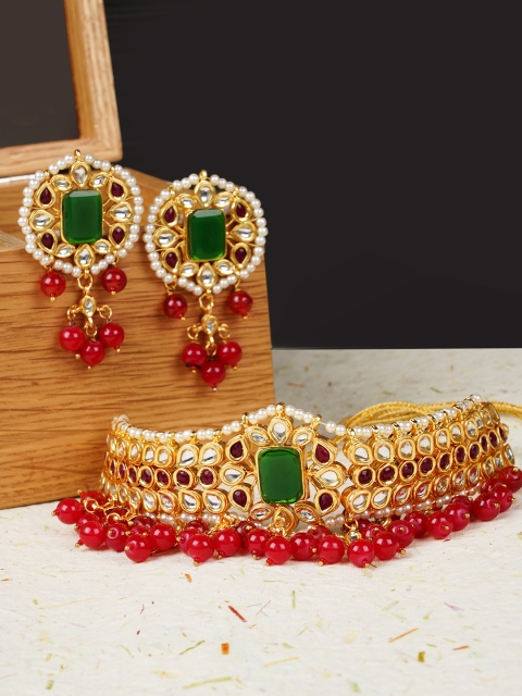 

FIROZA Gold-Toned & Red Kundan-Studded Vilandi Jewellery Set