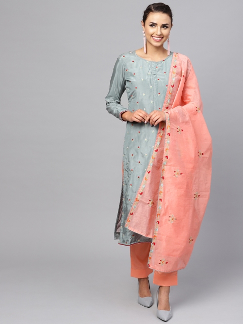 

Saree mall Grey & Peach-Coloured Semi-Stitched Dress Material