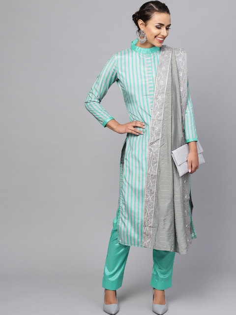 

Saree mall Sea Green & Grey Striped Semi-Stitched Dress Material