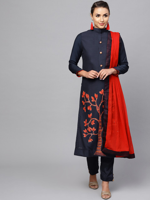 

Saree mall Navy Blue & Red Printed Semi-Stitched Dress Material