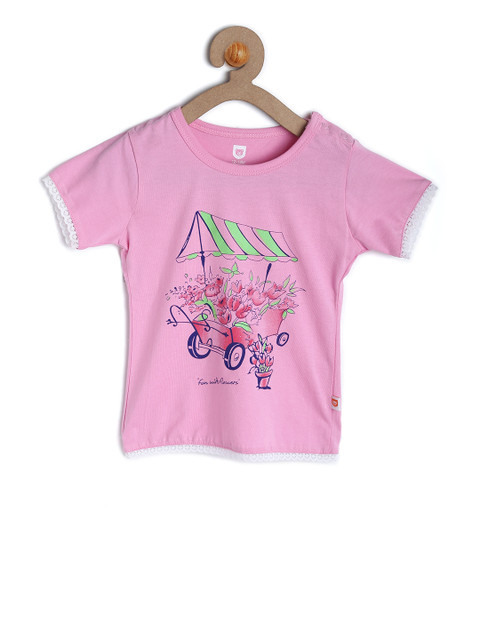 

612 league Girls Pink Printed Round Neck T-shirt