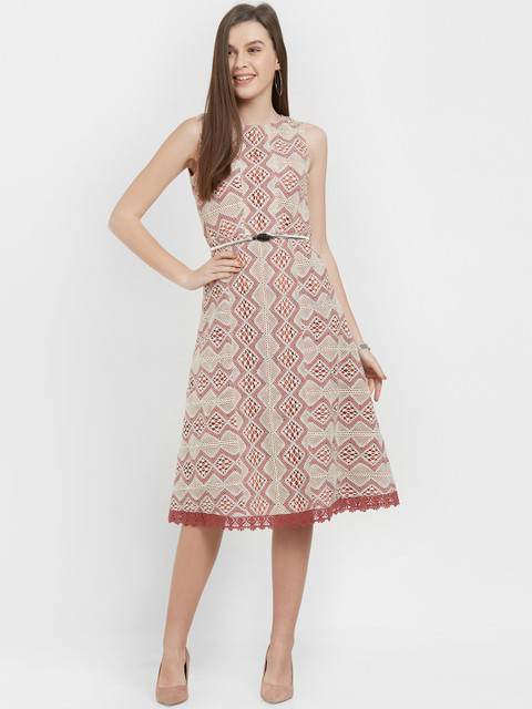 

Soie Women Cream-Coloured Self Design Fit and Flare Dress