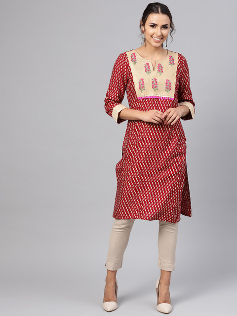 

Juniper Women Maroon & Beige Printed Straight Kurta