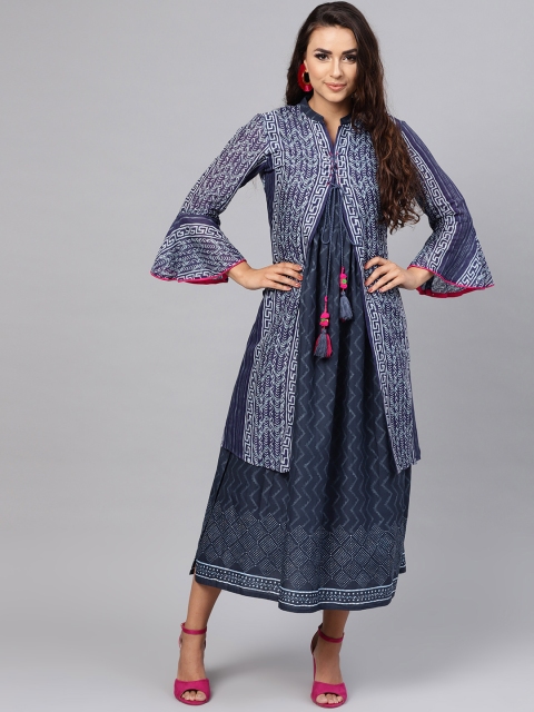 

Juniper Women Navy Blue & White Printed Layered A-Line Dress