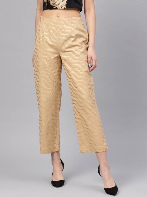 

Juniper Women Beige & Golden Smart Slim Fit Striped Cropped Trousers