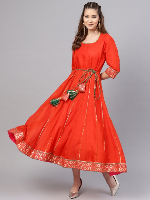 

Juniper Women Orange Self Design Fit and Flare Dress