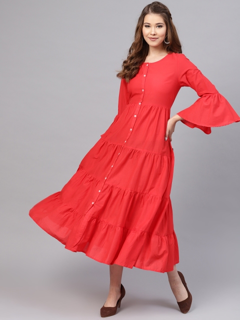 

Juniper Women Coral Red Solid Tiered Maxi Dress