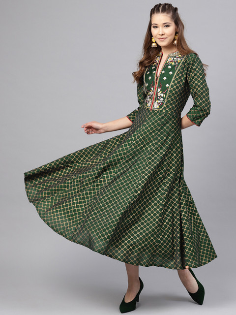 

Juniper Women Green & Golden Checked Maxi Dress