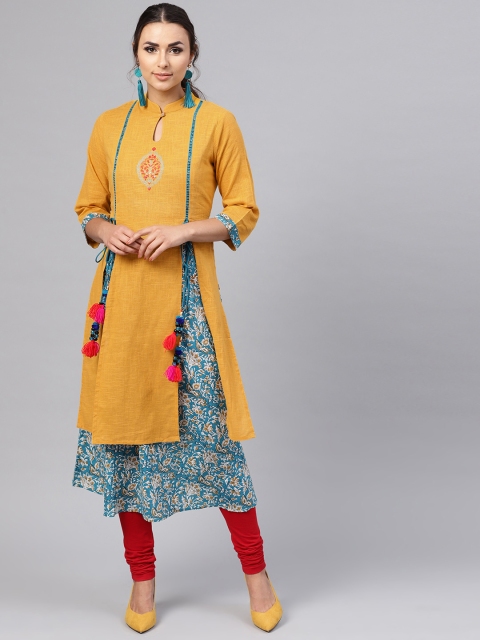 

Juniper Women Mustard Yellow & Teal Blue Layered A-Line Kurta