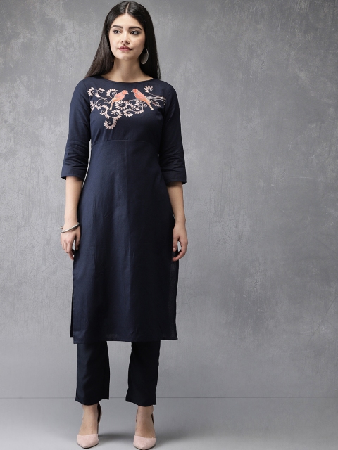 

Anouk Women Navy Blue Embroidered Kurta with Trousers