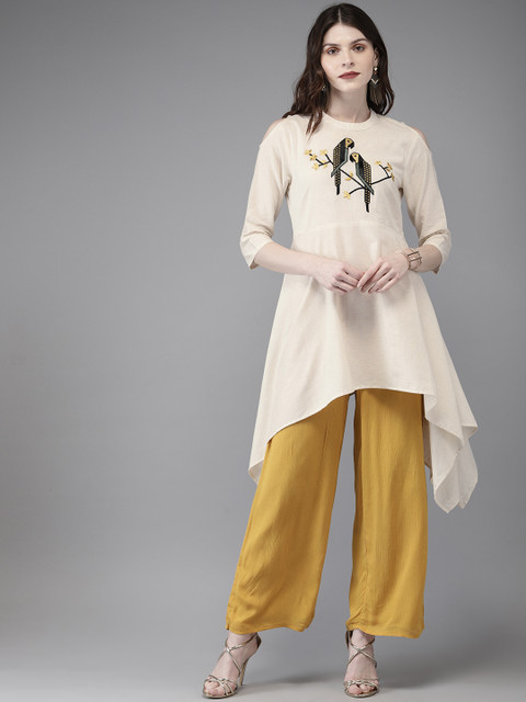 

Anouk Women Off-White Embroidered Asymmetric A-Line Kurta