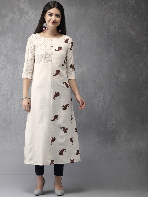 

Anouk Women Off-White Printed Straight Kurta