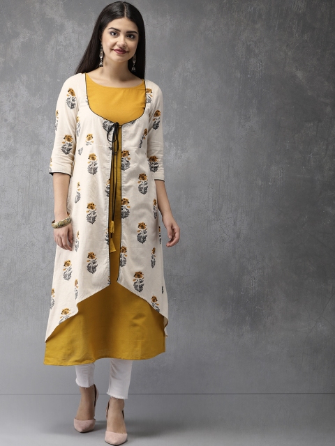

Anouk Women Off-White & Yellow Printed Straight Kurta