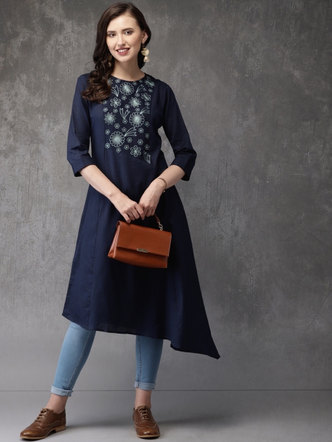 

Anouk Women Navy Blue Yoke Design Asymmetric A-Line Fusion Kurta