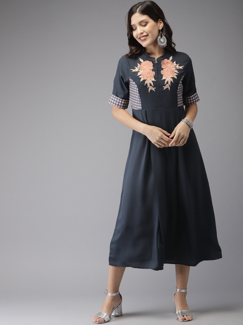 

Anouk Women Navy Blue & Orange Yoke Design A-Line Kurta