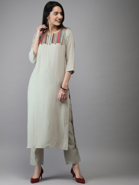 

Anouk Women Grey Embroidered Kurta with Trousers
