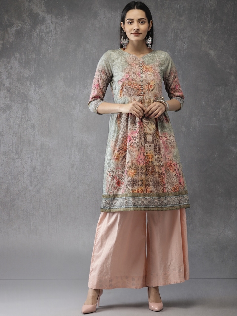 

Anouk Women Sea Green & Pink Floral Printed A-Line Kurta