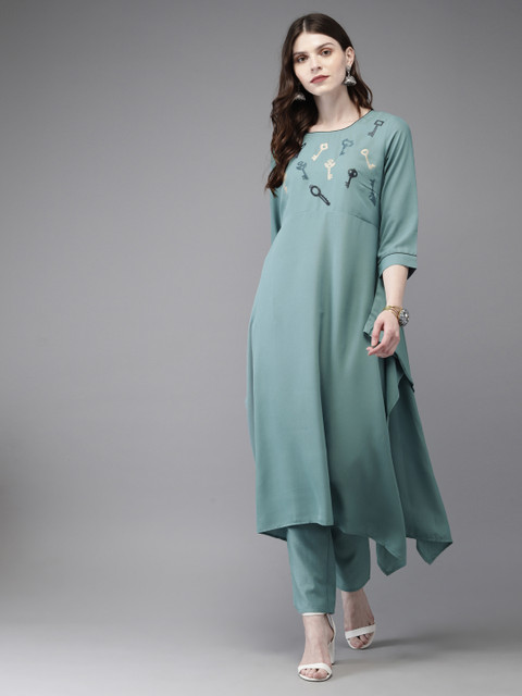 

Anouk Women Blue Embroidered Kurta with Trousers