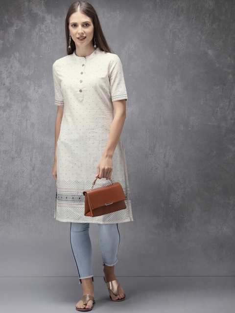 

Anouk Women Off-White & Navy Blue Printed Straight Kurta