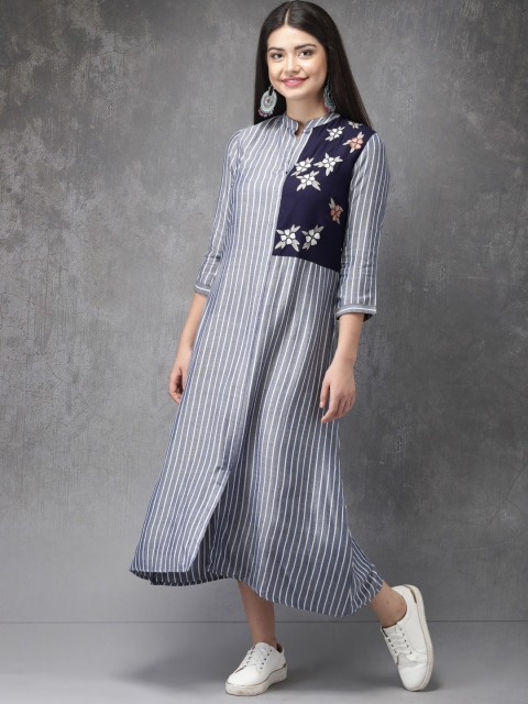 

Anouk Women Blue & White Striped Straight Kurta
