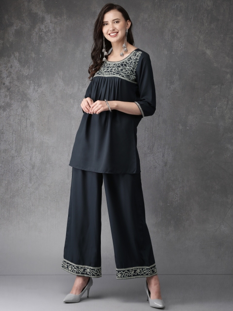 

Anouk Women Navy Blue Yoke Design Kurti with Palazzos