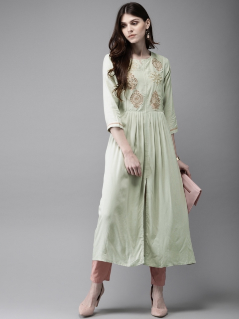 

Anouk Women Green & Peach-Coloured Embroidered Kurta With Trousers