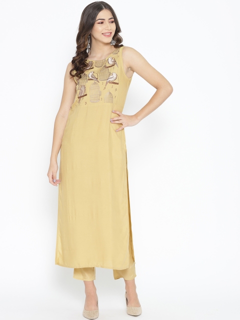 

Anouk Women Yellow Yoke Design Kurta with Trousers