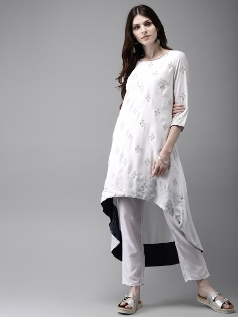 

Anouk Women White Embroidered Fusion Kurta with Trousers