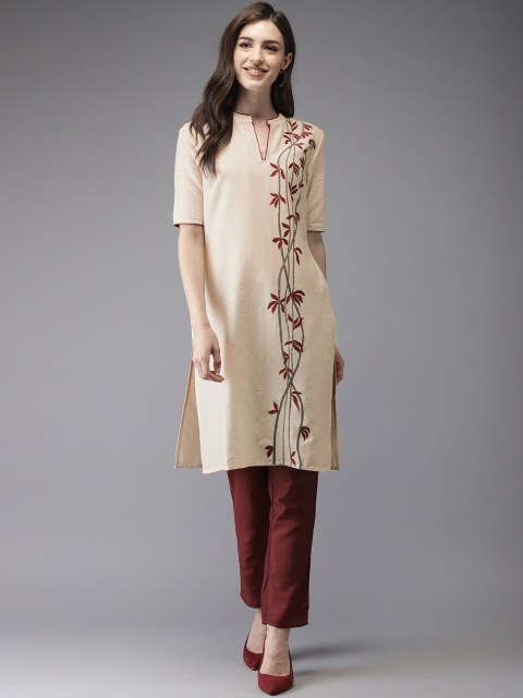 

Anouk Women Cream-Coloured & Maroon Embroidered Straight Kurta with Trousers