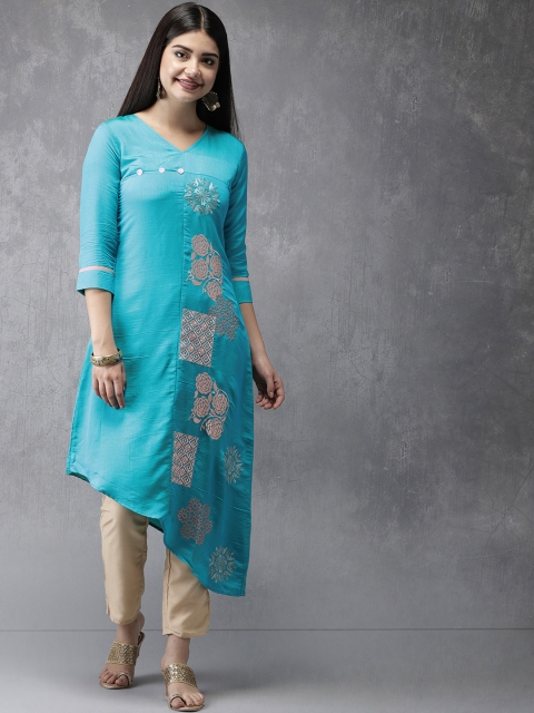 

Anouk Women Turquoise Blue & Beige Embroidered Kurta with Trousers