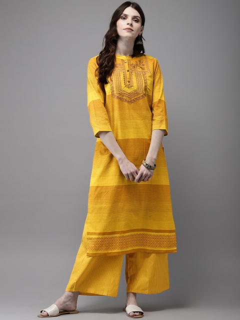 

Anouk Women Mustard Yellow Embroidered Kurta with Palazzos