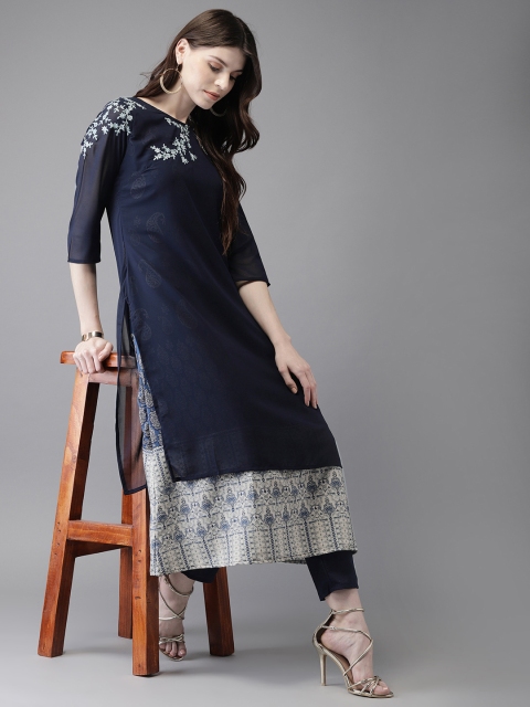 

Anouk Women Navy Embroidered Kurta with Trousers, Navy blue