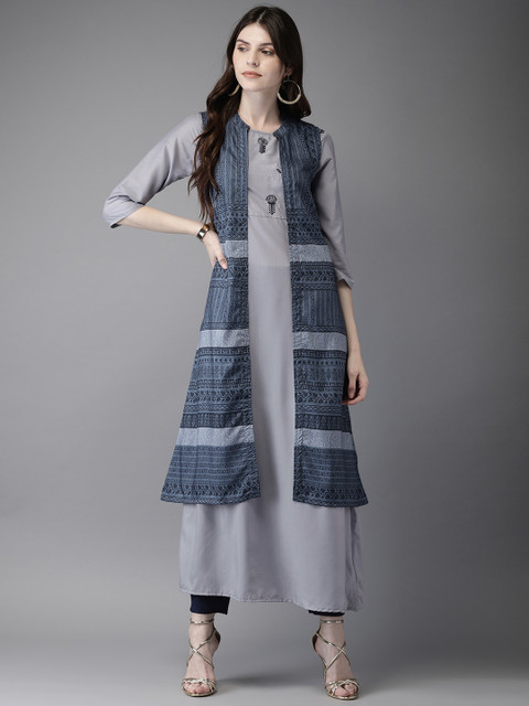 

Anouk Women Blue & Grey Printed A-Line Kurta with Shrug