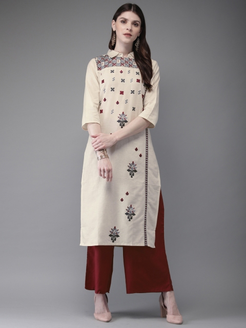 

Anouk Women Off-White & Maroon Embroidered Kurta with Palazzos