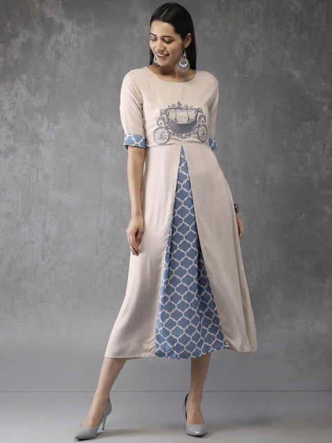 

Anouk Women Grey & Blue Printed A-Line Fusion Kurta