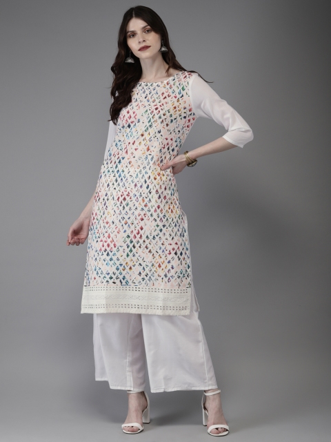 

Anouk Women White & Pink Embroidered Kurta with Palazzos