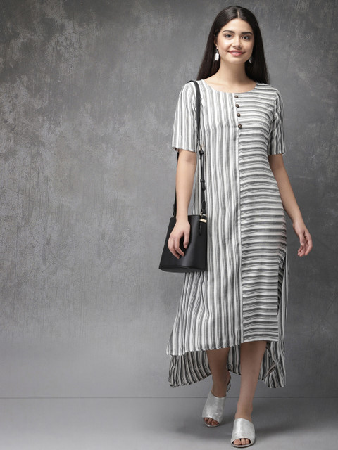 

Anouk Women White & Grey Striped Fusion A-Line Kurta