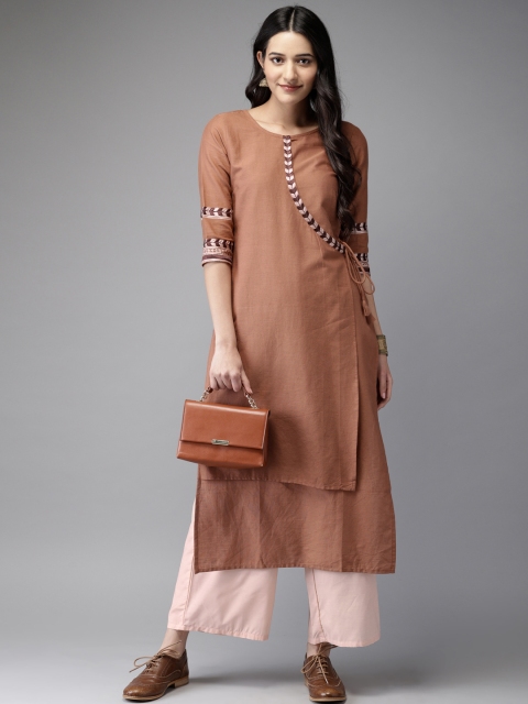 

Anouk Women Brown & Cream-Coloured Solid Angrakha Kurta with Palazzos