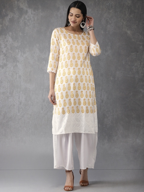 

Anouk Women White & Yellow Printed Kurta with Palazzos
