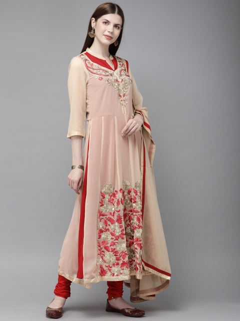 

Anouk Women Red & Beige Embroidered Kurta with Churidar & Dupatta