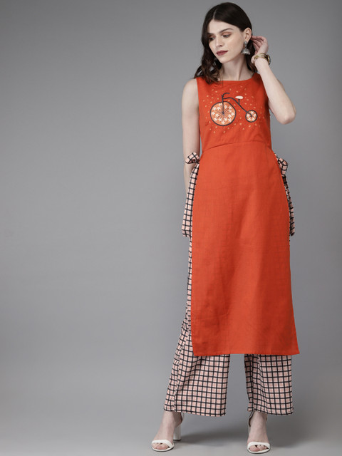 

Anouk Women Orange & Black Embroidered High-Slit Kurta with Palazzos