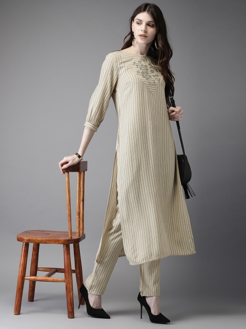 

Anouk Women Cream-Coloured & Black Striped Kurta with Trousers